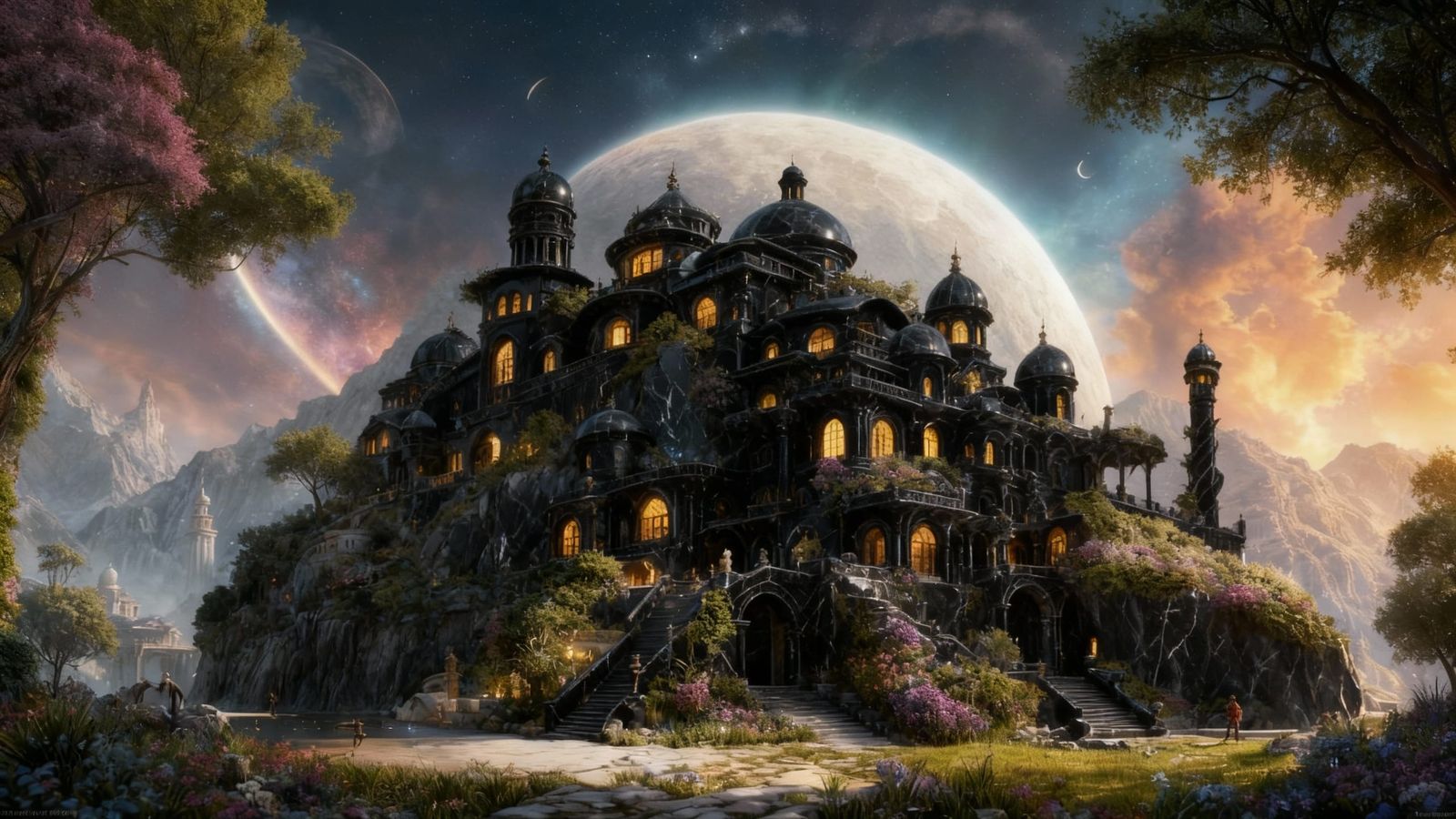 Fantasy Villa Village Inside Crescent Moon, Ethereal Mist