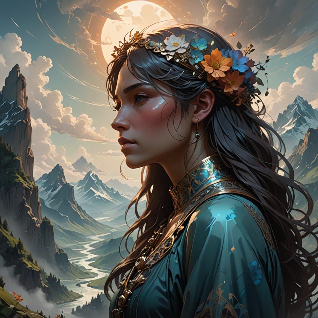 Surreal Figure Glowing Within Mountain Silhouette