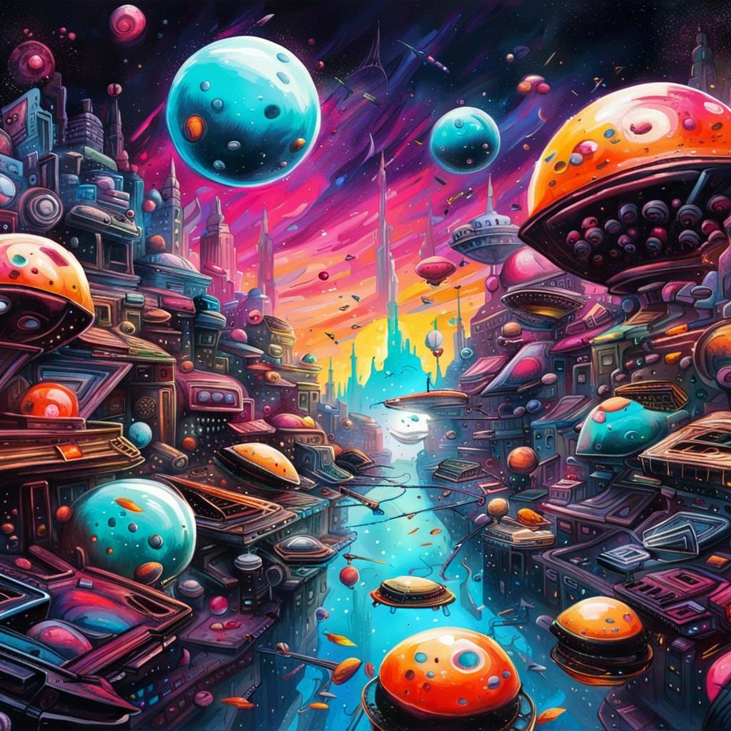Alien Space Scene with Butterfly Starships in Graffiti Art