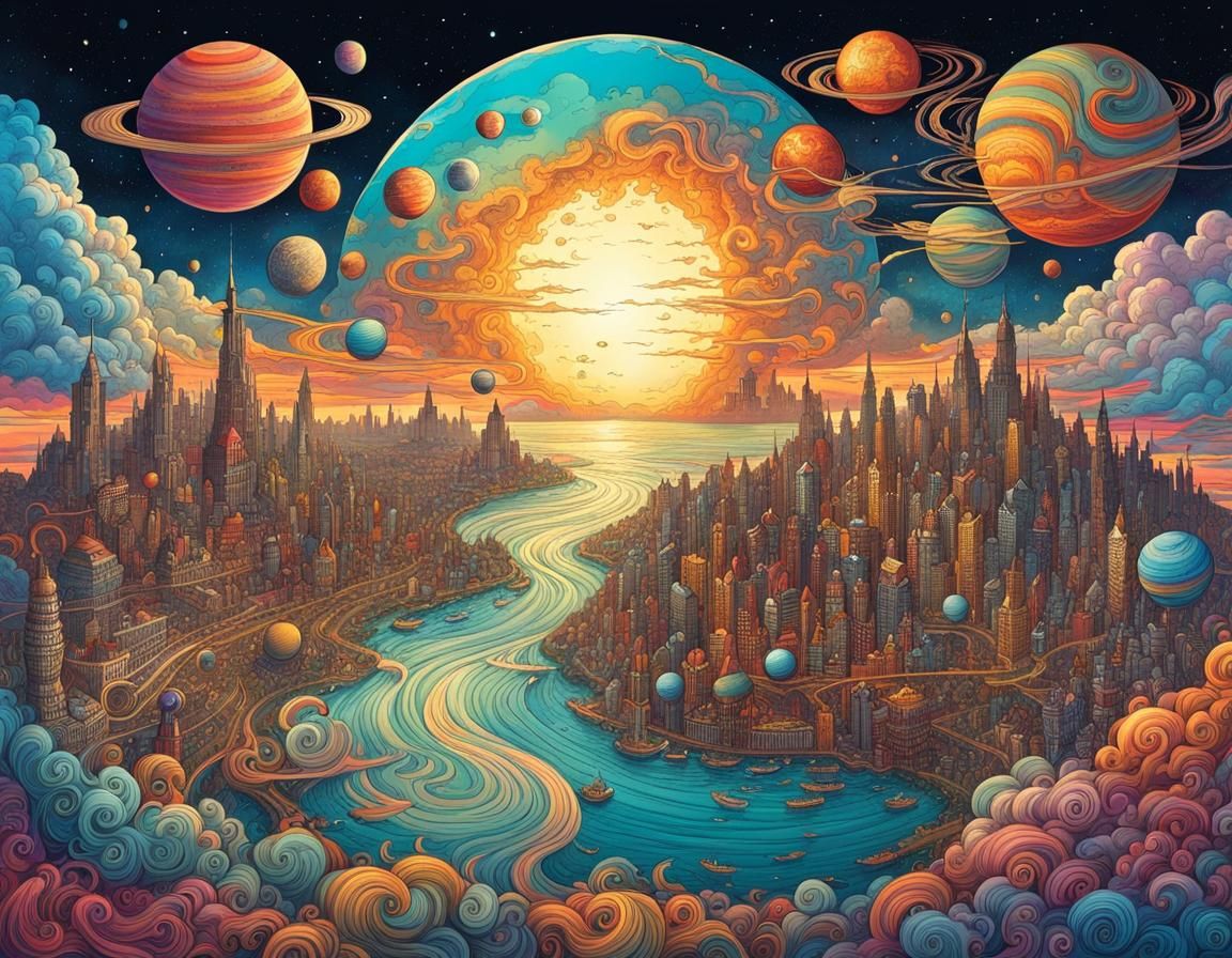 Cosmic Fantasy Sky with Floating Cities in Line Art