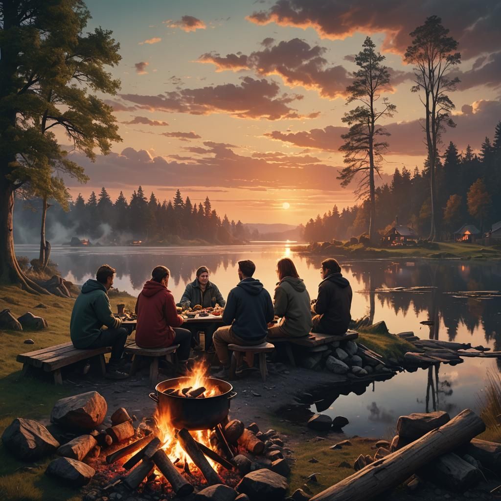 Friends Cook by Campfire at Sunset: Digital Matte Painting