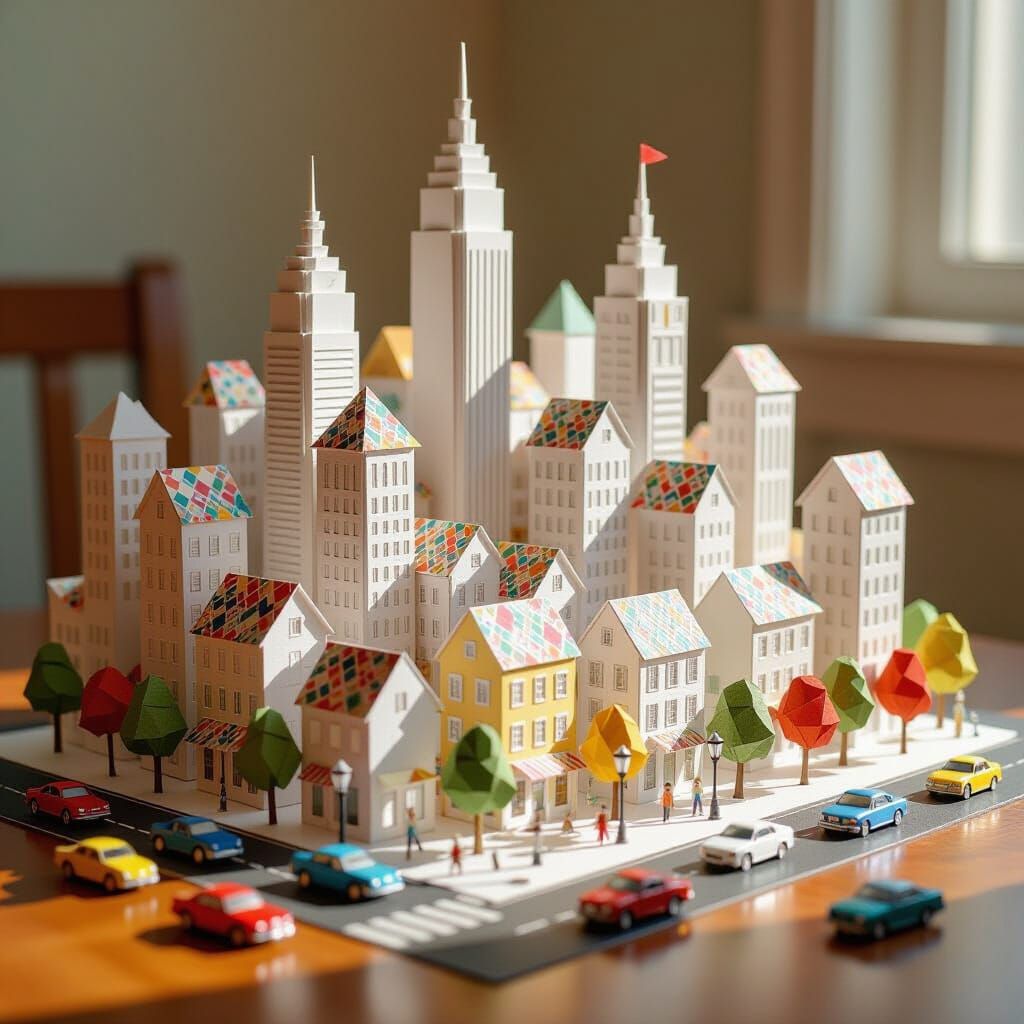 Intricate Miniature Paper City with Origami Details