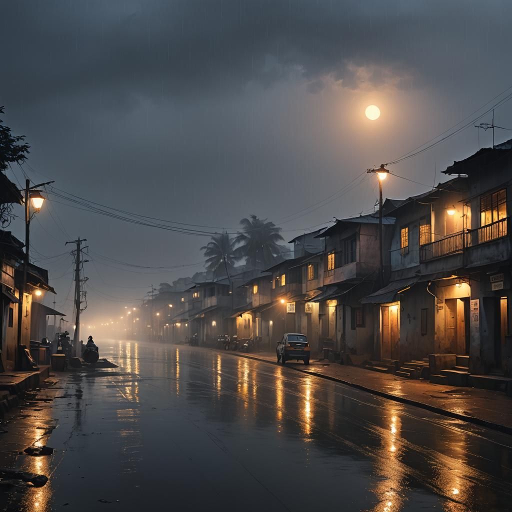 Rain-soaked Indian village at late dusk