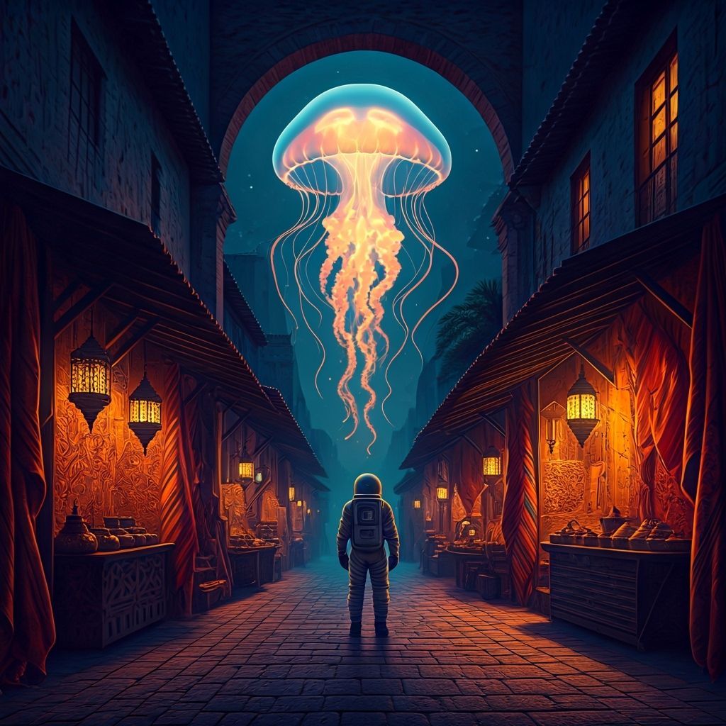 Astronaut and Bioluminescent Jellyfish in Moroccan Market