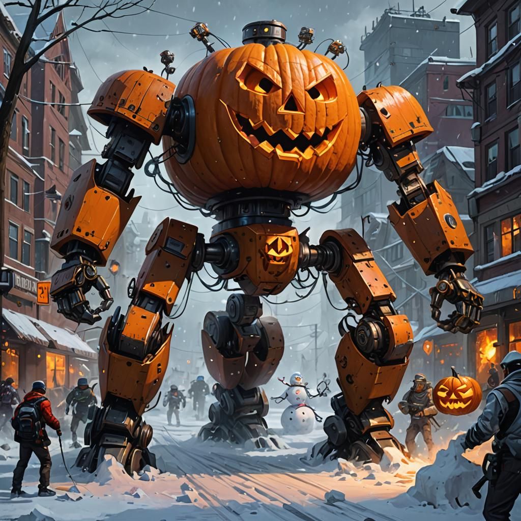 Jack-o'-Lantern Mech Battles Snowman Mech