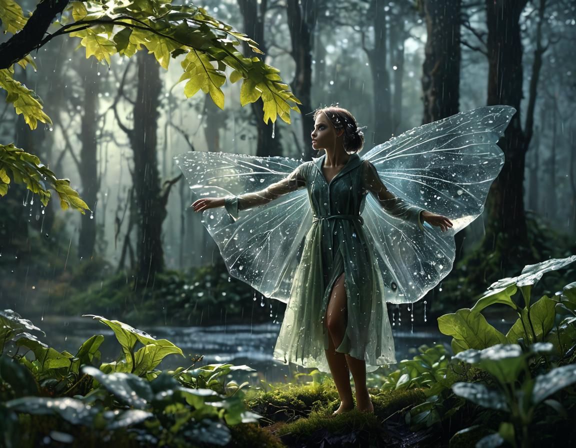 Fairy Dances with Raindrops in Misty Forest