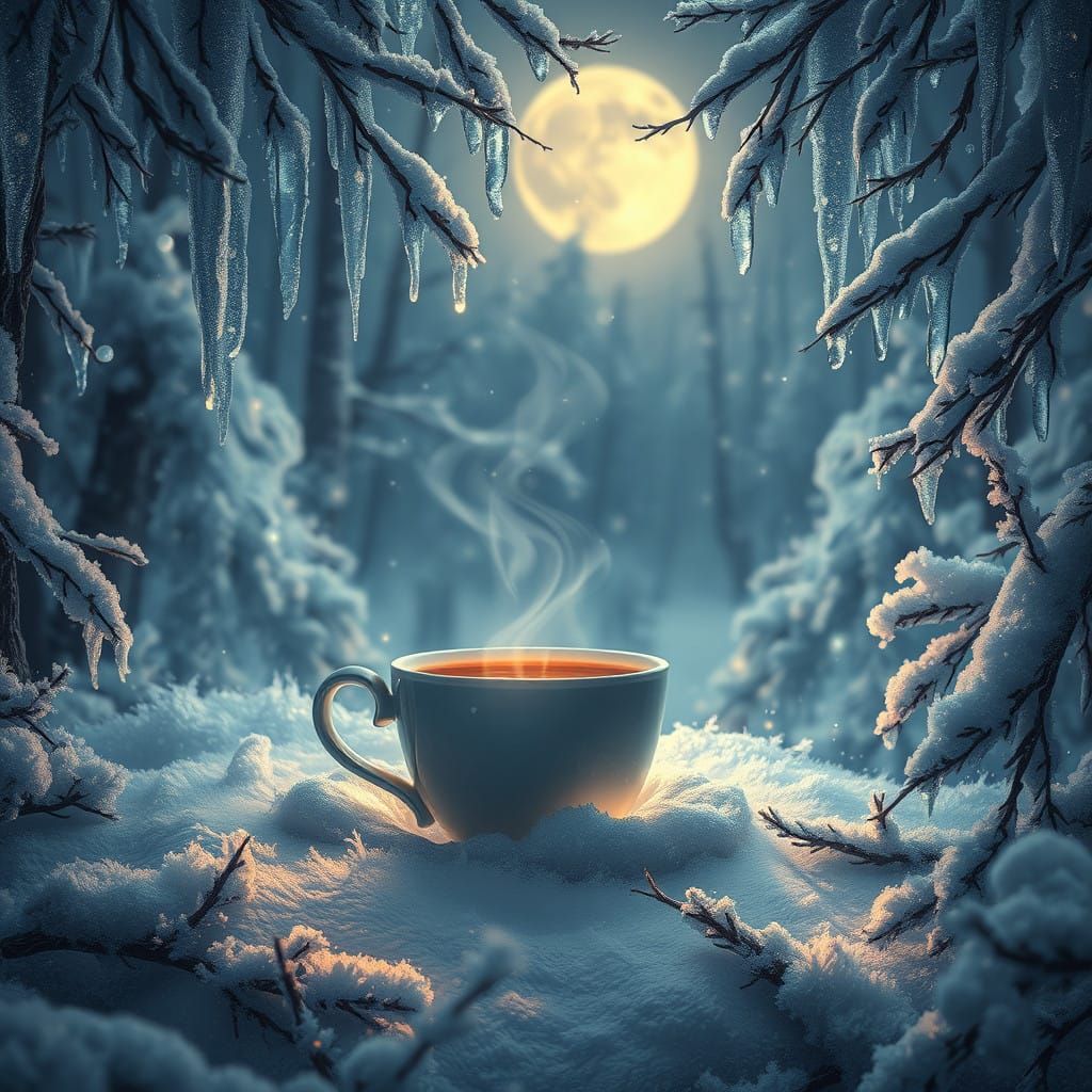 Winter Wonderland Tea Scene in Dreamy, High-Fantasy Style