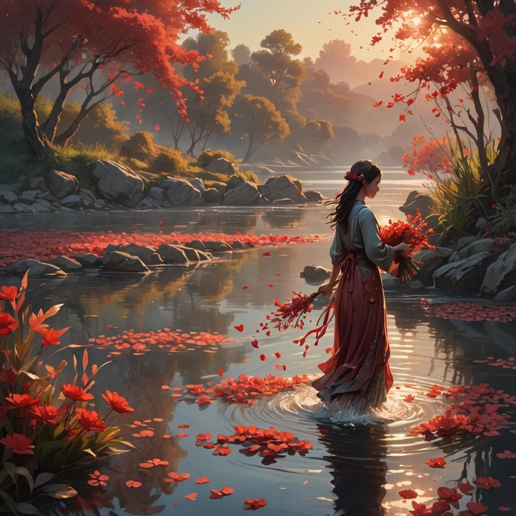 Fantasy Girl by River with Falling Flowers