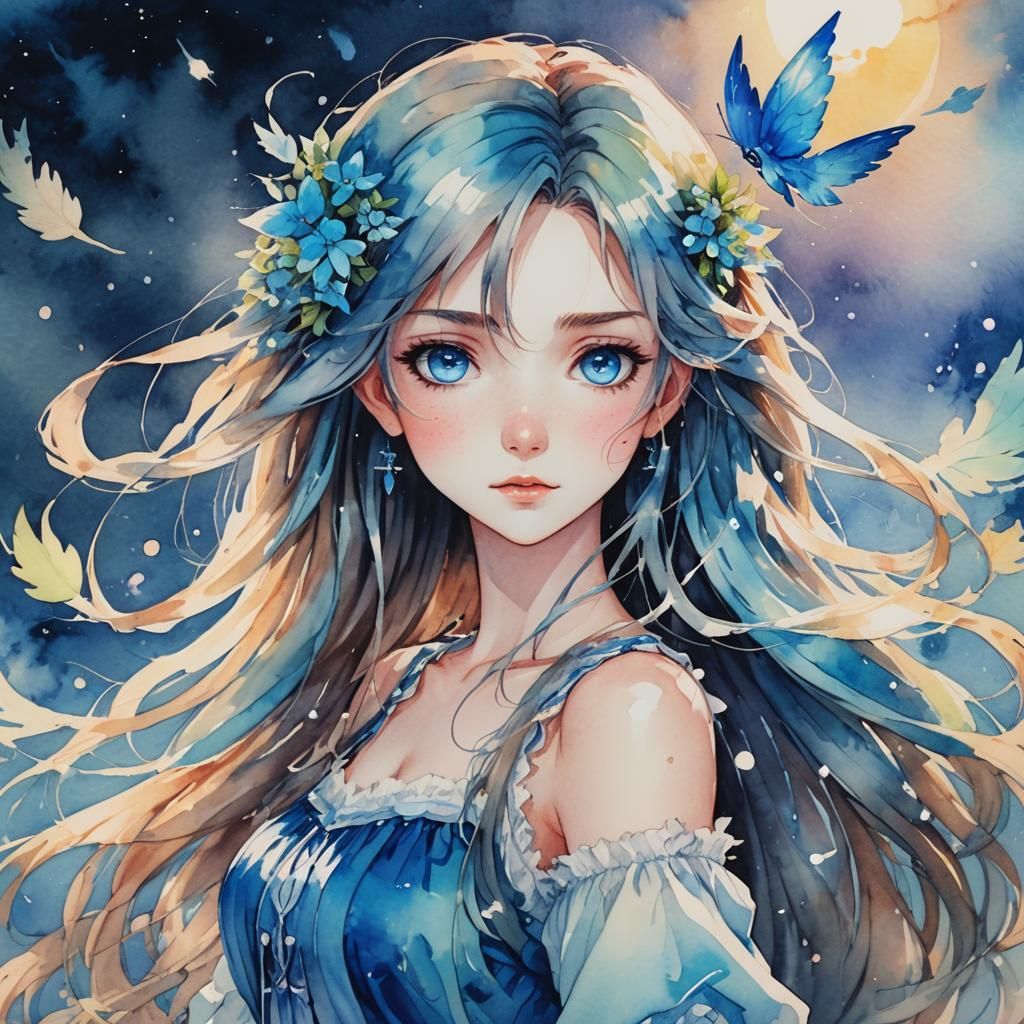 Watercolor Sprite with Long Hair and Blue Eyes