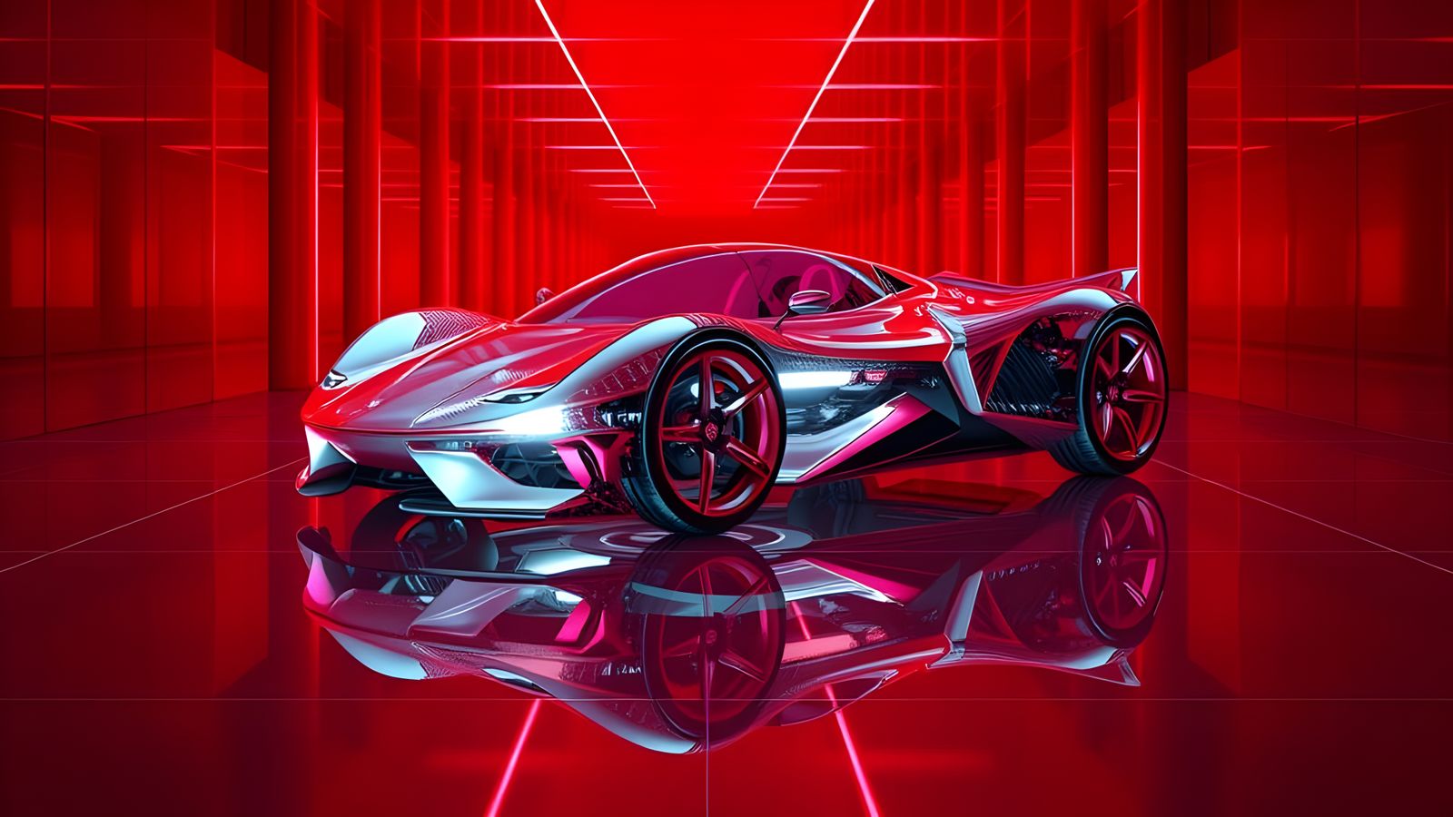 Futuristic Floating Super Car in Neon Red Room