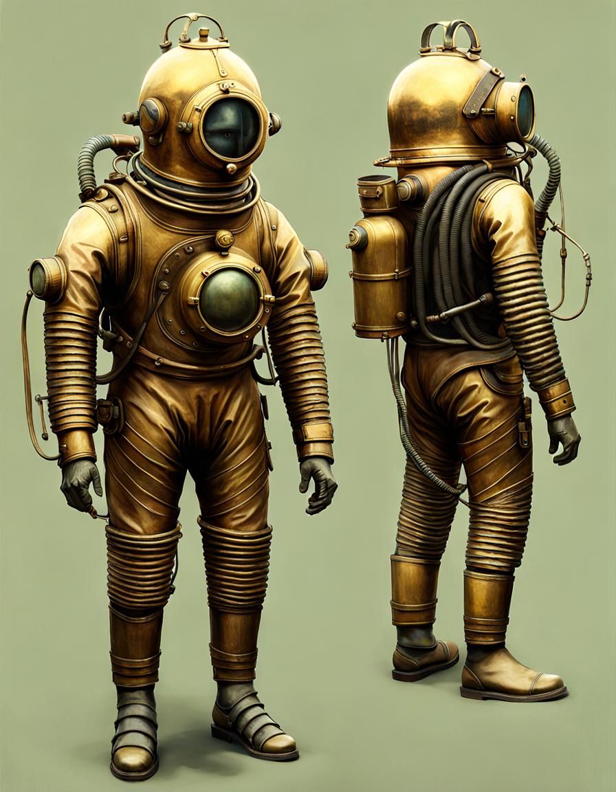 18th century atlas A retrofuturistic deep sea diving suit with tubes and tanks and a big brass helmet. Photorealistic fi...