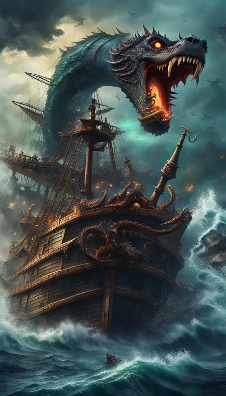 Giant Sea Serpent Attacks Pirate Ship