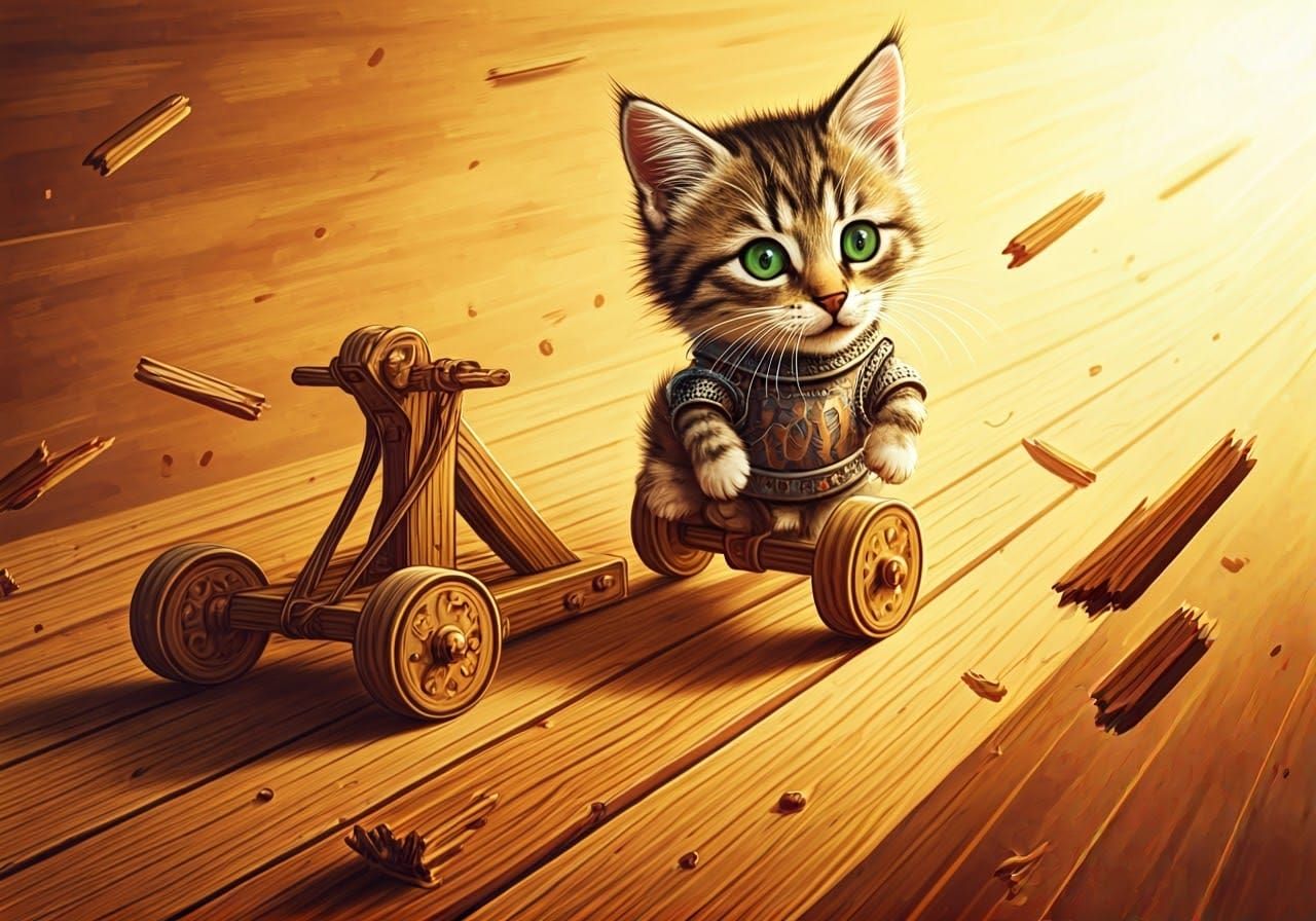 Style of Tenniel, a tabby kitten being launched out of a catapult