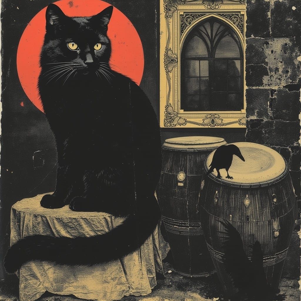 Surreal Cat in Gothic Labyrinth, Leyendecker Style