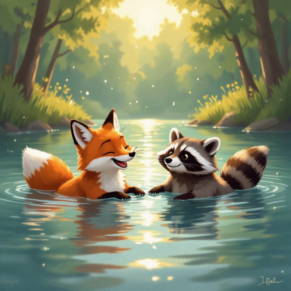 Red Fox and Raccoon Swim Joyfully in Serene Lake