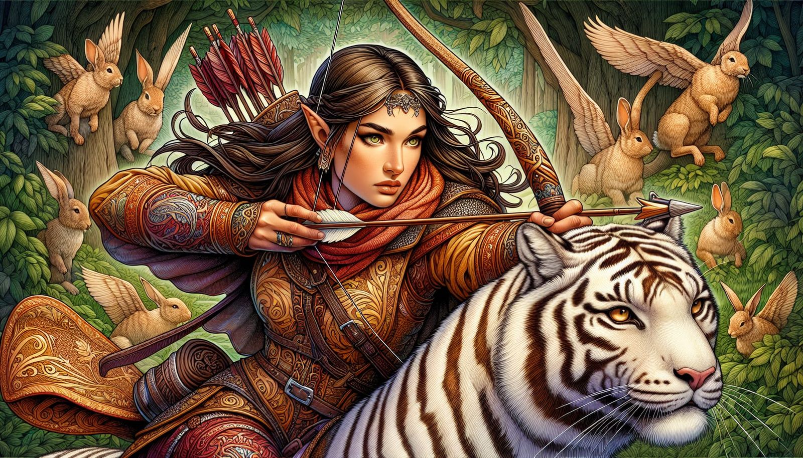 Elven Archer Hunting on White Tiger