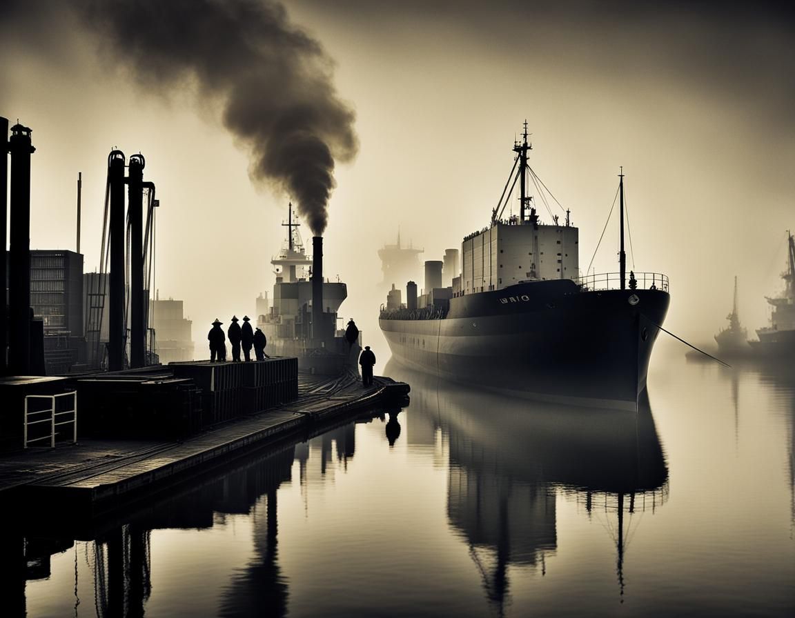 Gloomy Victorian Dockyard Steamship Scene
