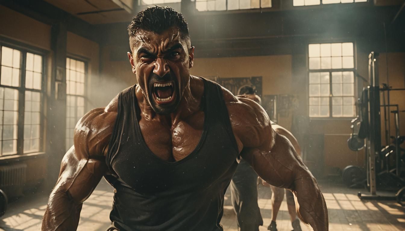 Muscular Bodybuilder Rages in Dimly Lit Gym