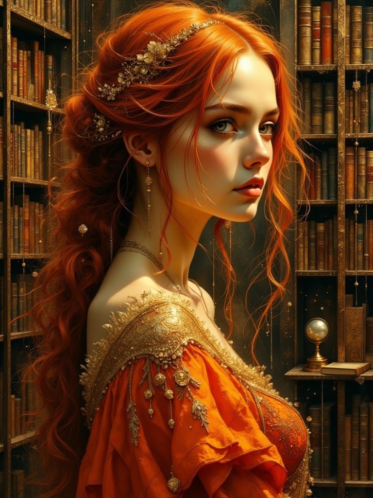 Gothic Woman in Library as Impasto Oil Painting