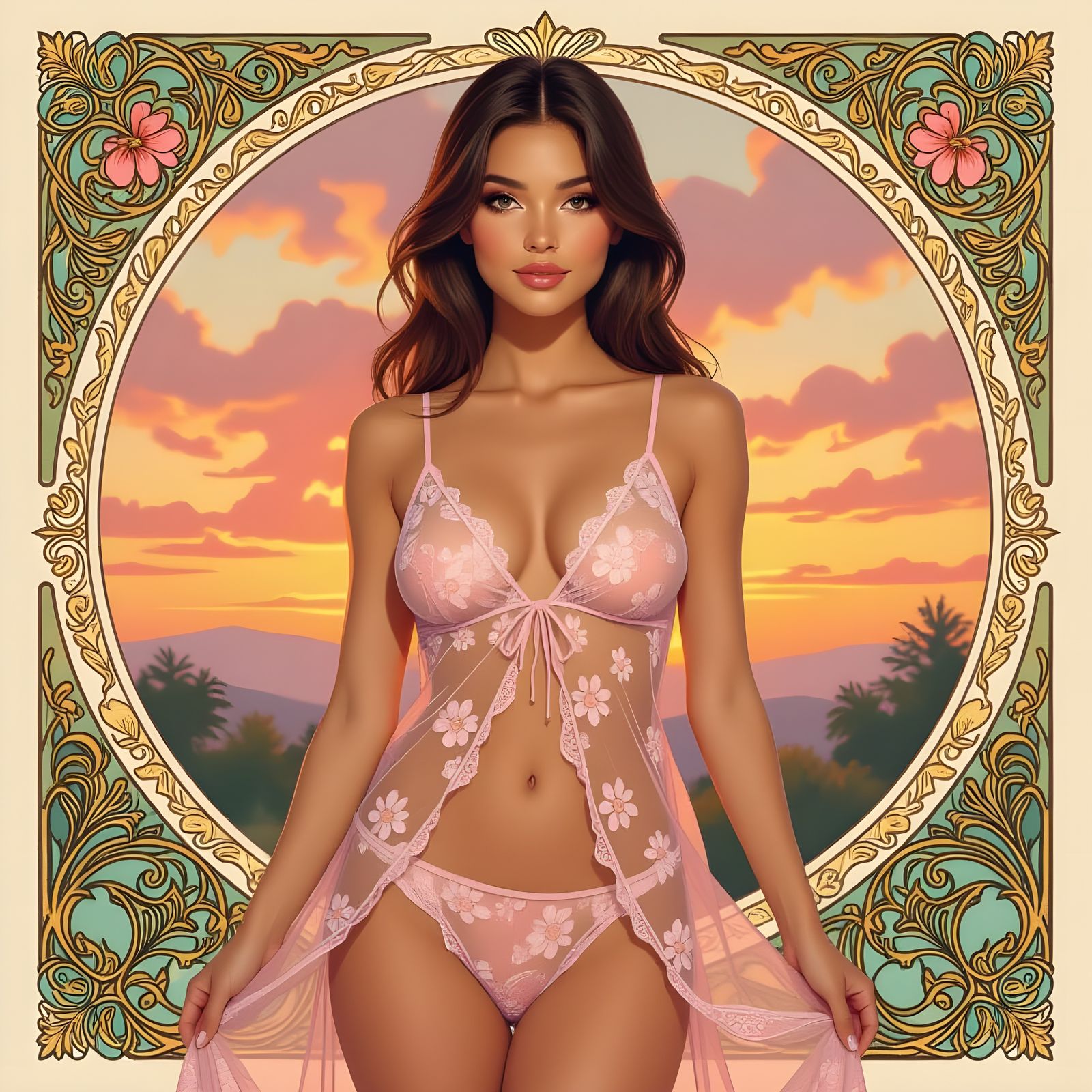 Woman with Sunset in Alphonse Mucha Style