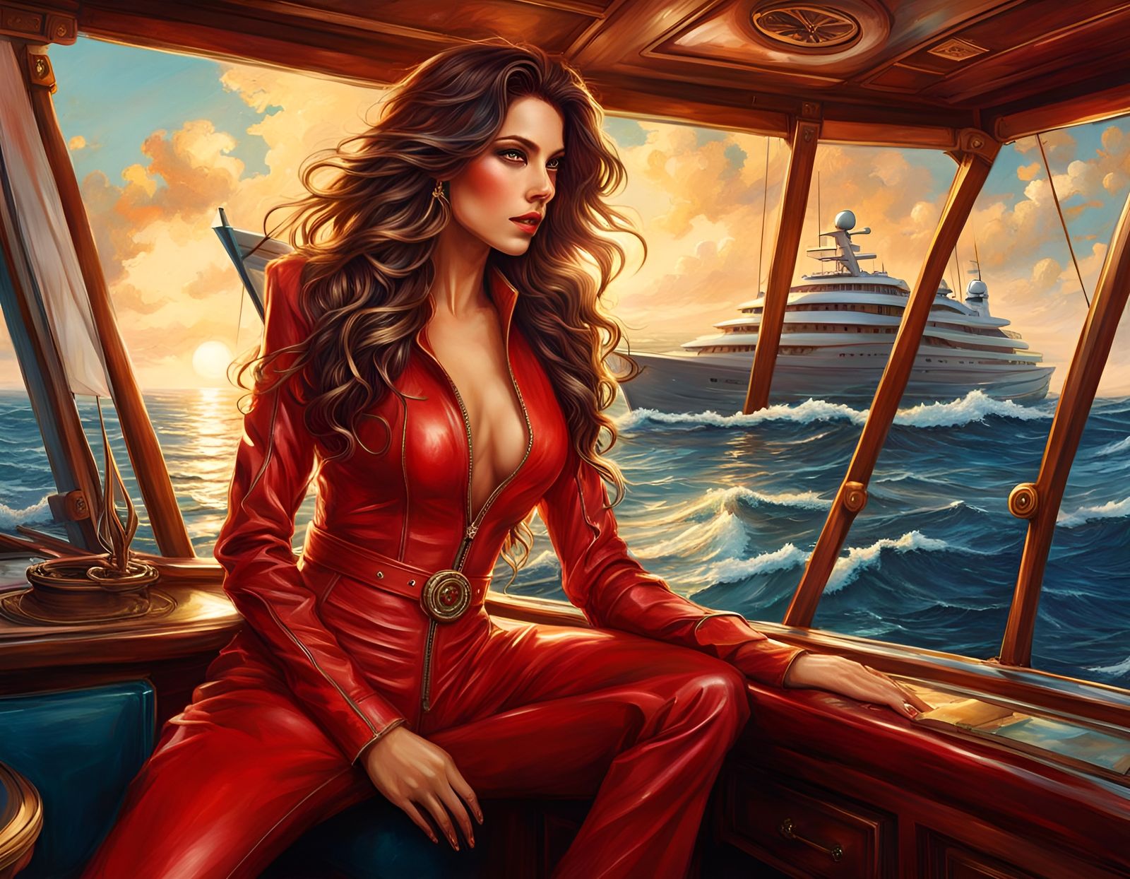 Brunette in Red Jumpsuit on Yacht, Detailed Concept Art
