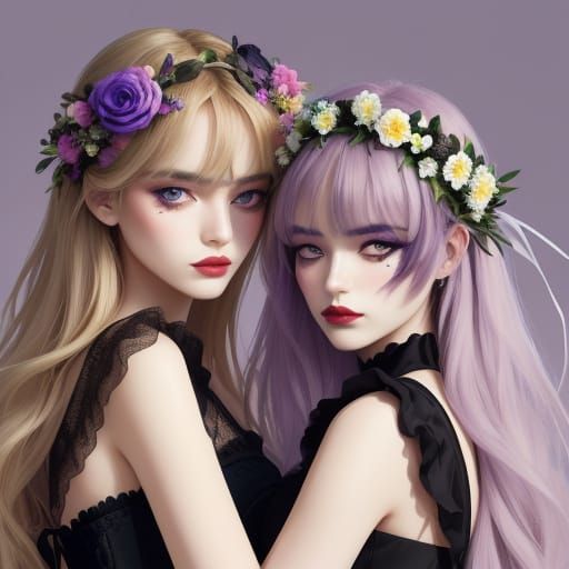 Cubist Goddesses Exchange Floral Wreaths in Soft Pastel Hues