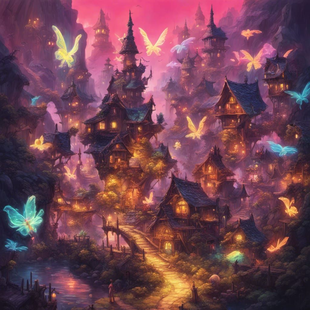 Neon Goth Fairy Village in Hyperrealistic Splash Art