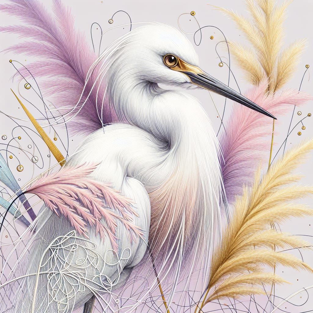 Detailed Pastel Drawing of a White Egret in String Art
