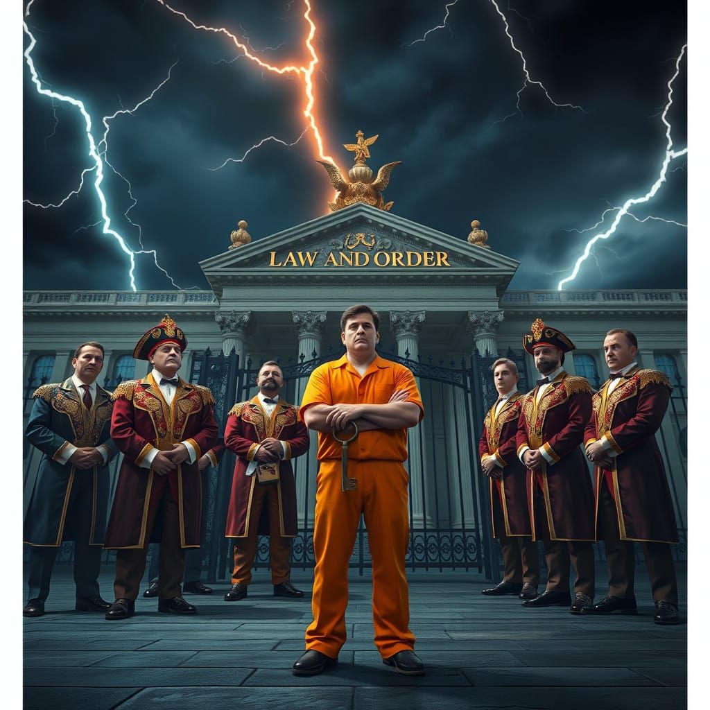 Fantasy Courthouse Scene Exposing Hypocrisy on Law and Order