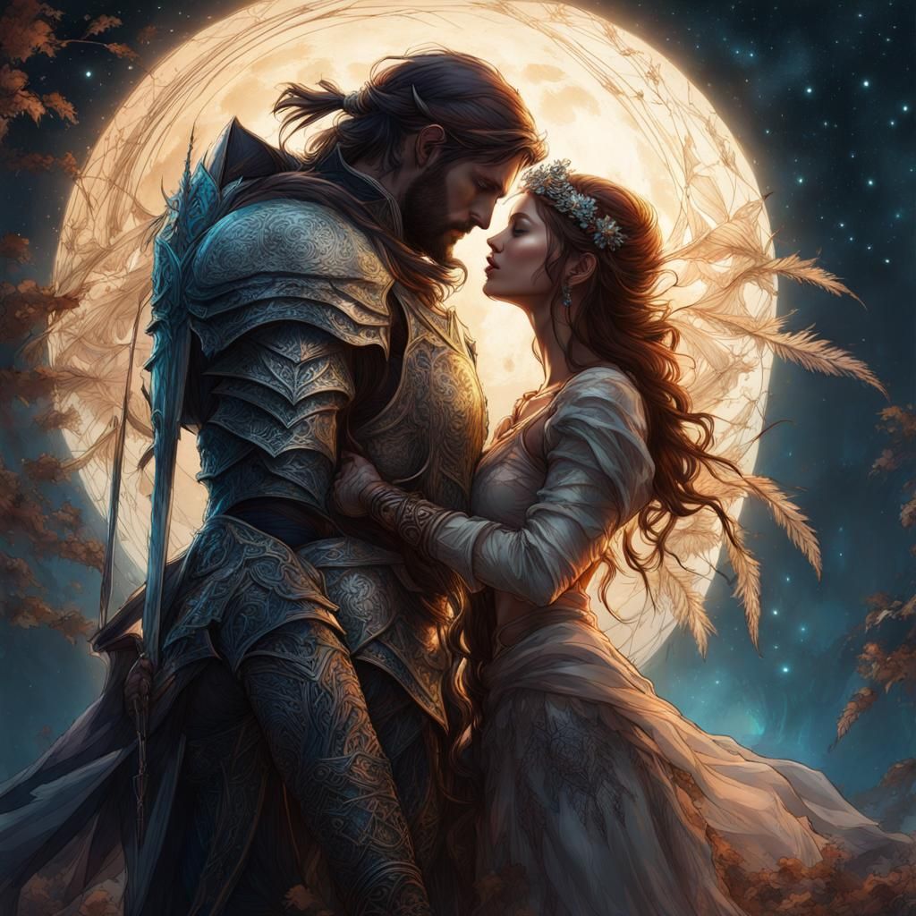 Moonlit Embrace: Knight and Enchantress Fantasy Art