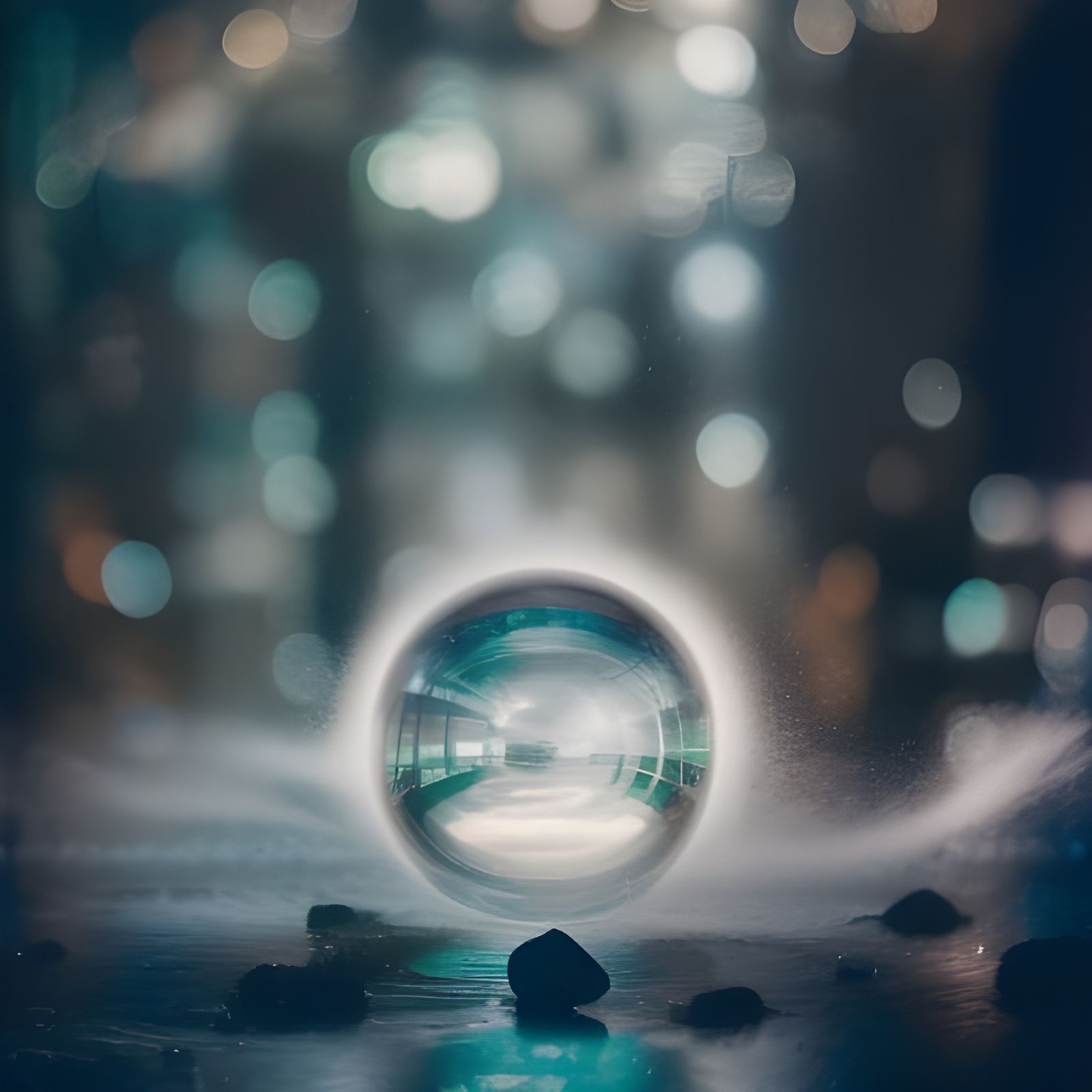Glowing Water Sprays Inside Glass Sphere