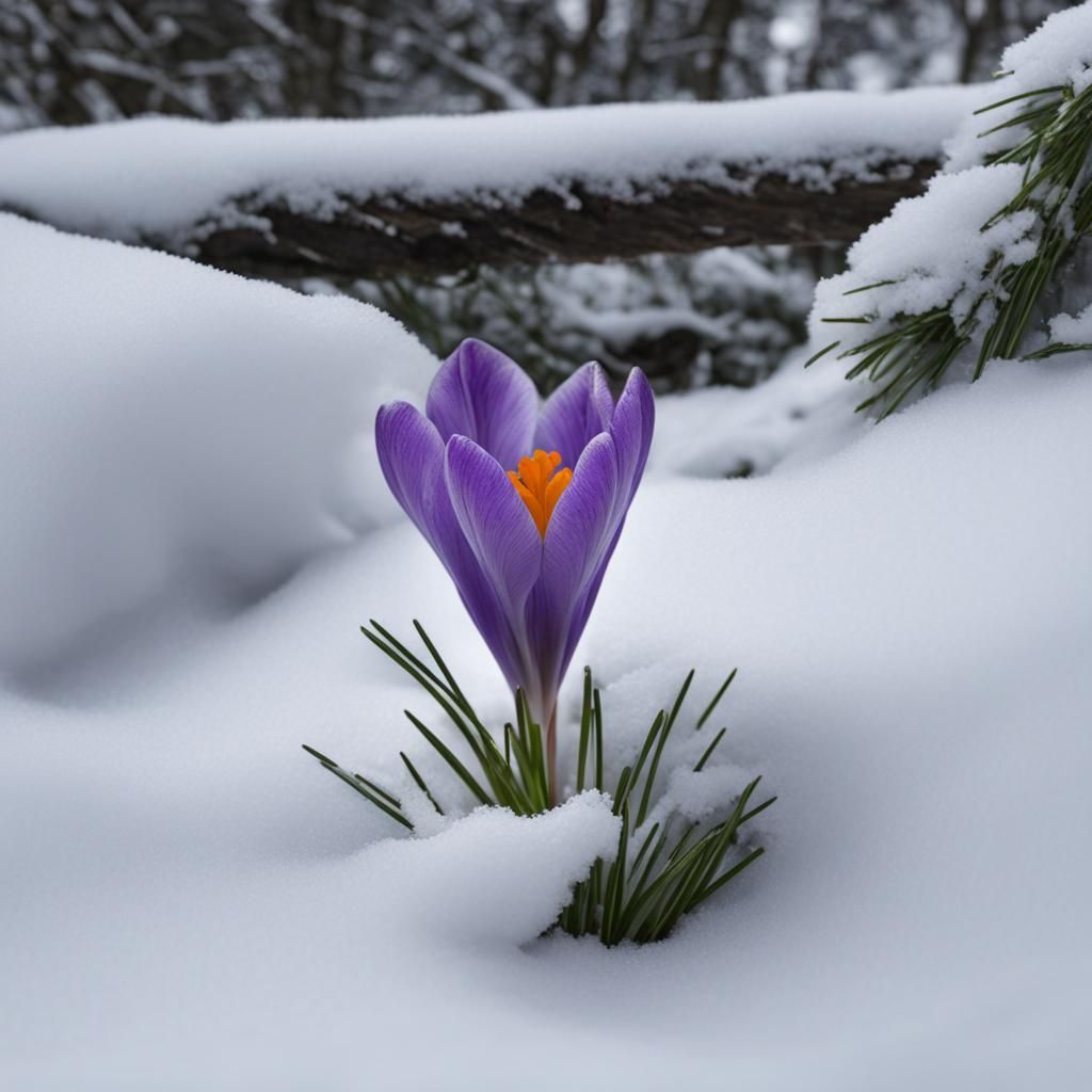 Crocus Flower Emerges from Snow