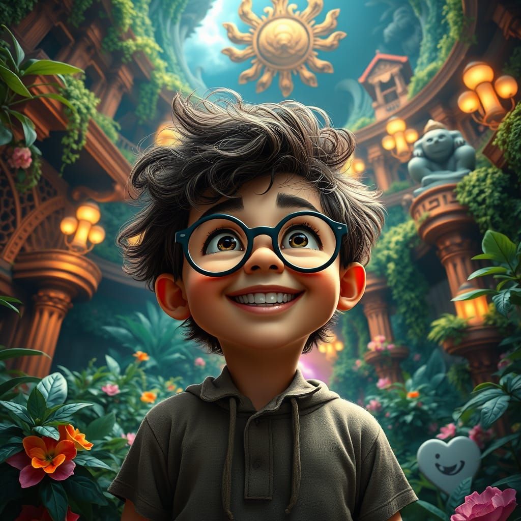 Young Boy in Whimsical Greek Mythology Garden Scene
