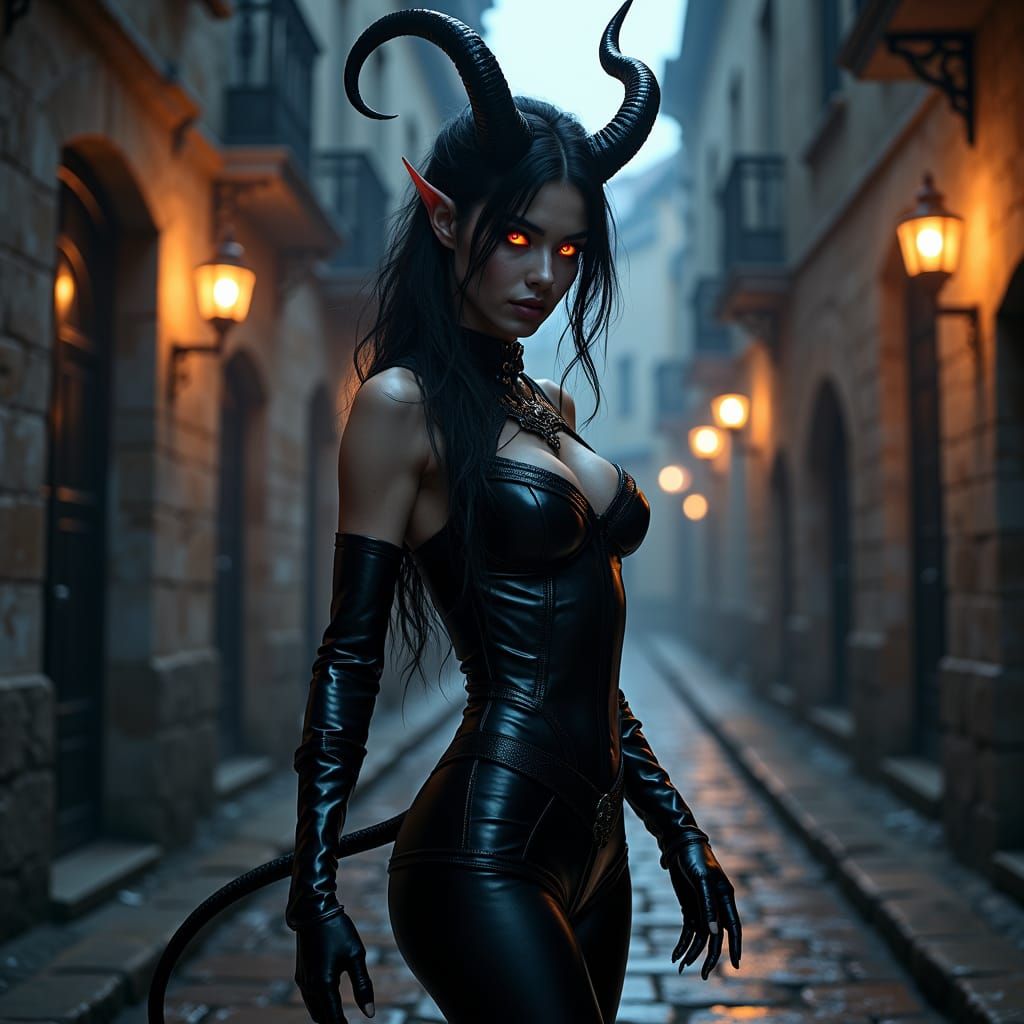 Tiefling Assassin in Dark Mystical Alleyway