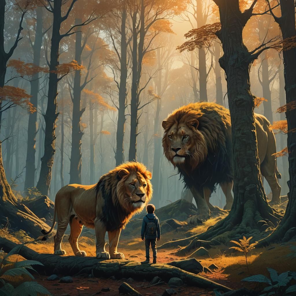 Boy and Lion in Mystical Forest, Digital Art