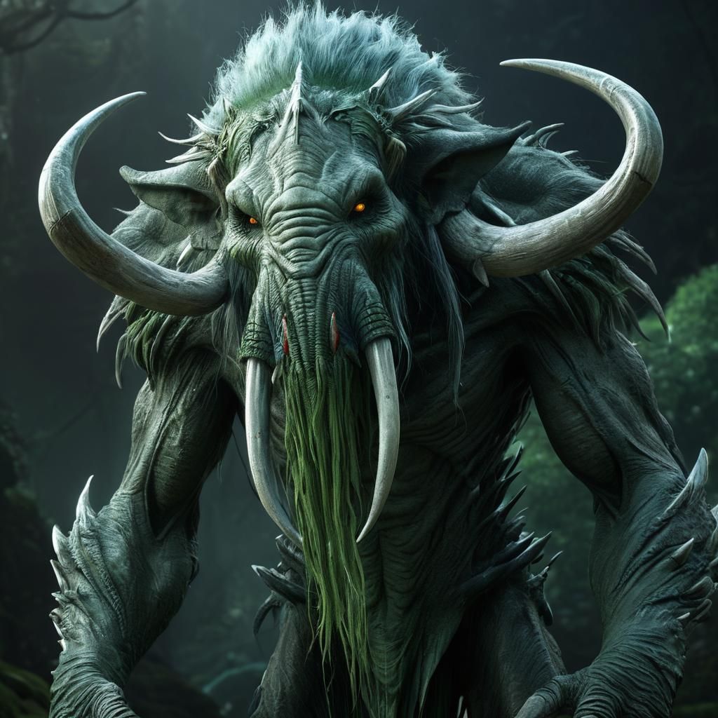 Grey-Green Humanoid Creature with Tusks: Fantasy Concept Art