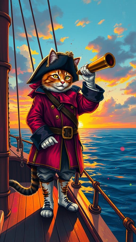Pirate Cat Captain on Deck in Graffiti Art Style