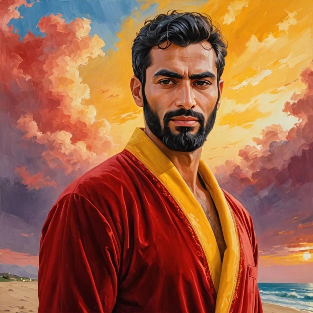 Man in Red Robe: Impasto Gouache Portrait