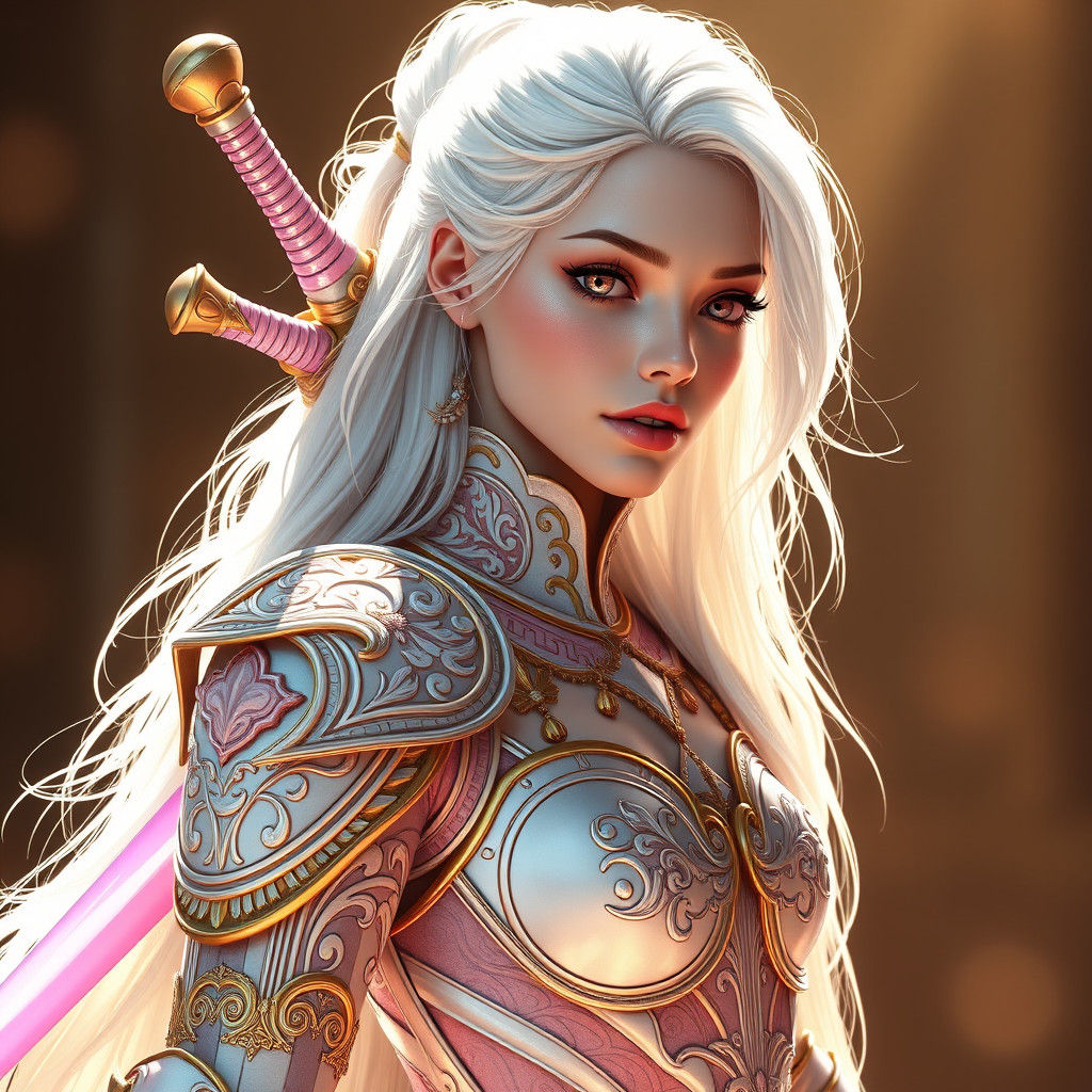 Woman in Pink Armor: Hyper-Realistic Digital Portrait