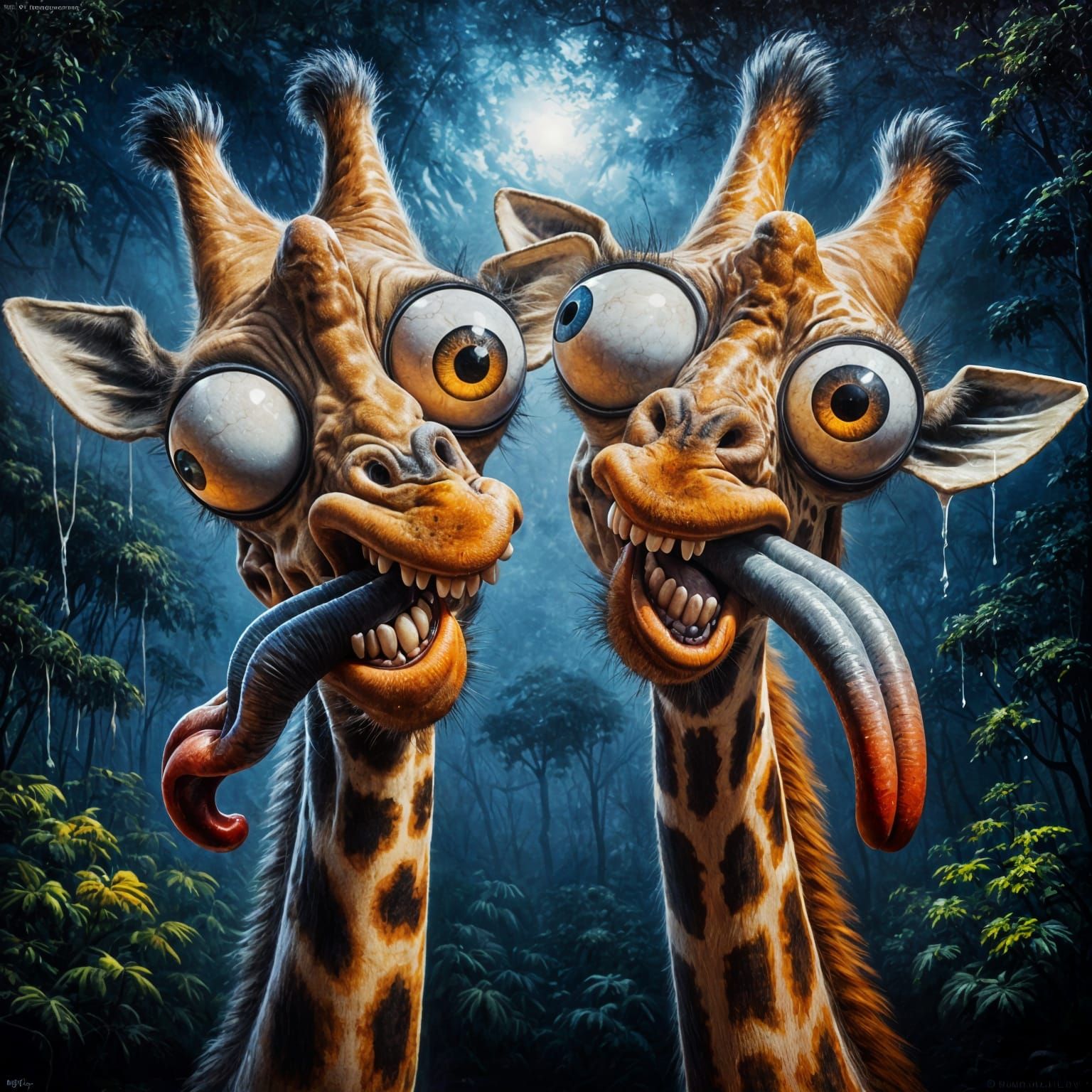 Humorous Giraffes in a Jungle Rainforest