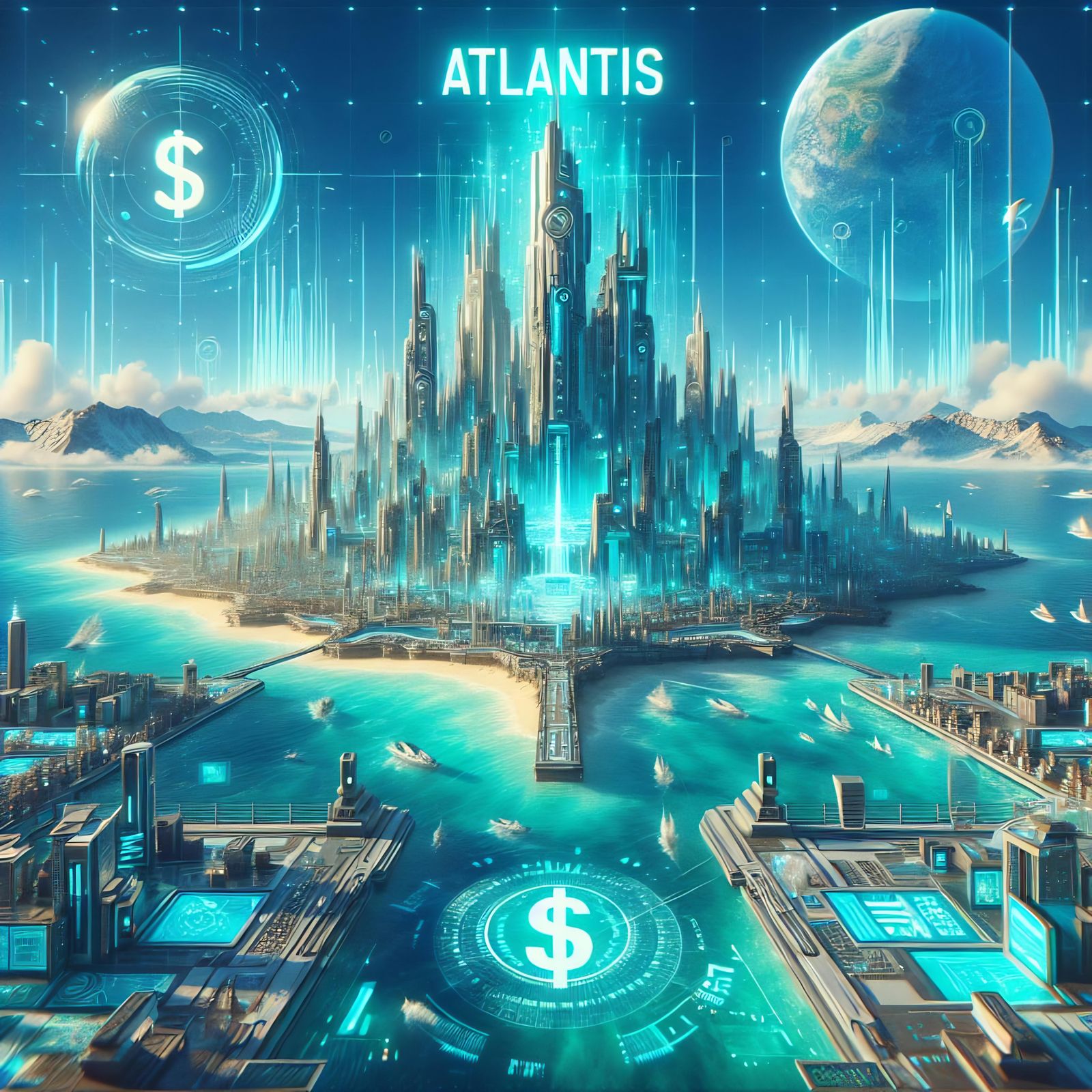 Utopian Atlantis City of the Future in Turquoise