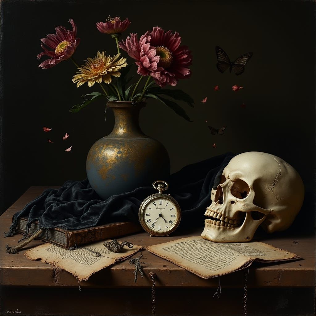 Vanitas Still Life Painting with Mortal Reminders