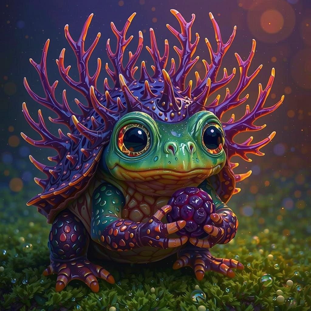 Murex Frog-Tortoise with Spiny Shell Holds Glowing Berry