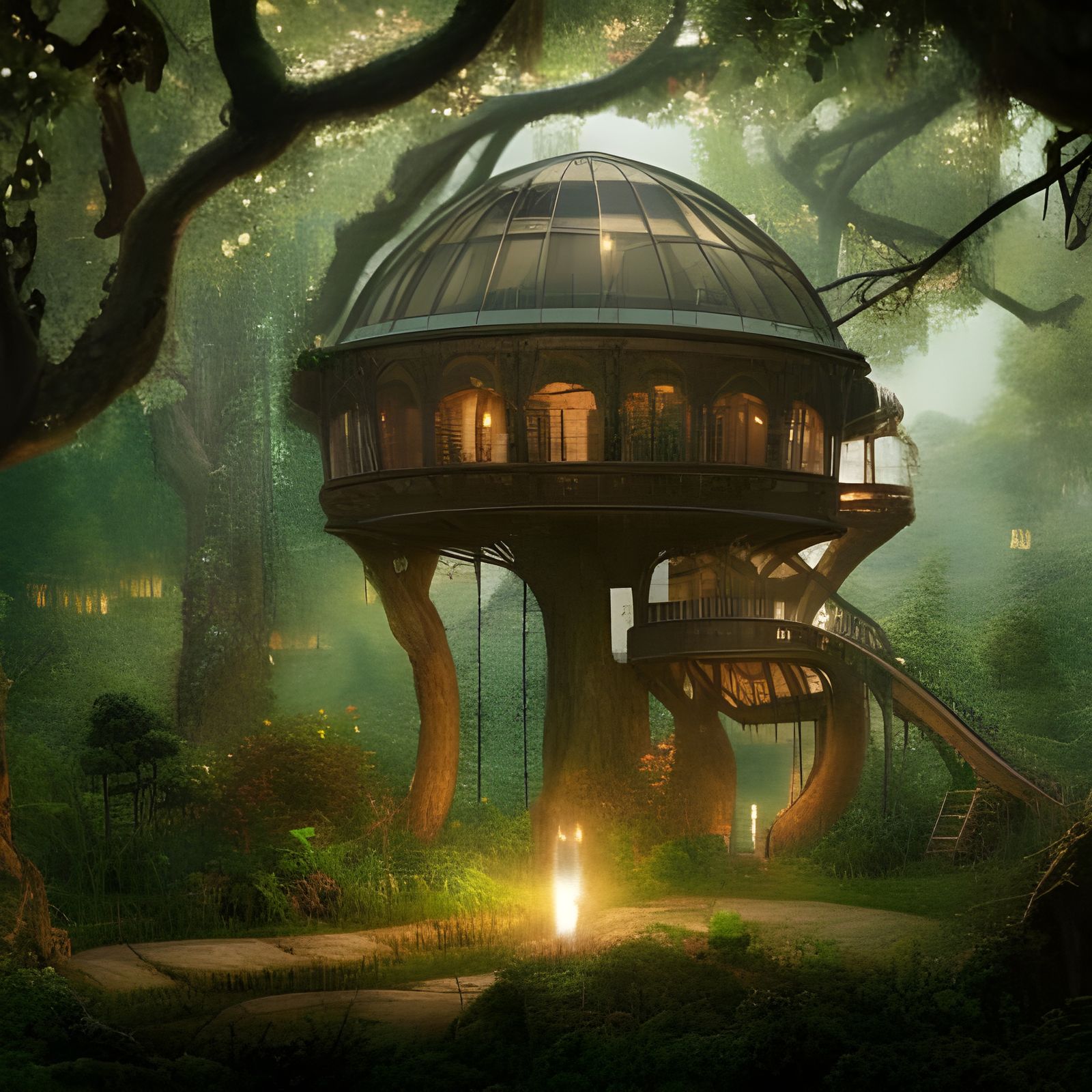 Treehouse with Glass Dome in Forest