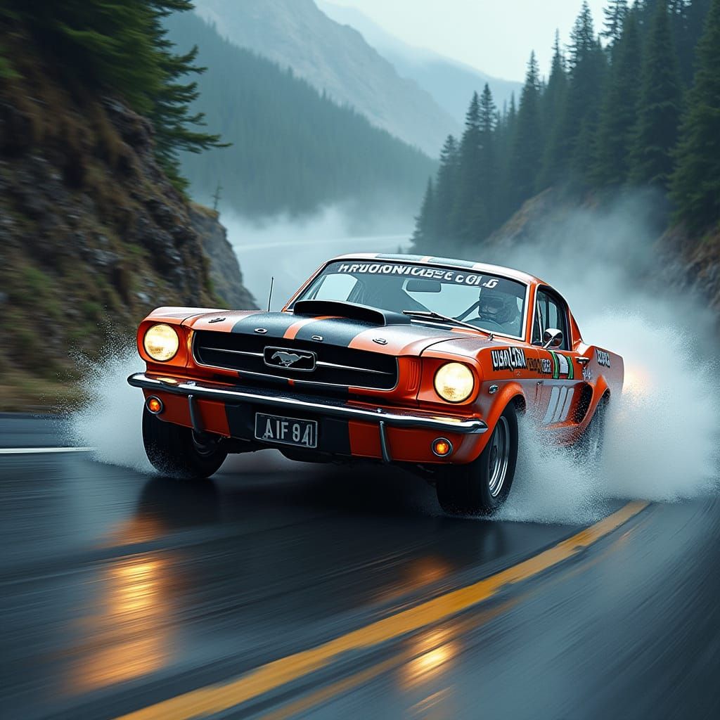 Turbocharged Mustang Speeds Down Mountain Road in Stormy Wea...