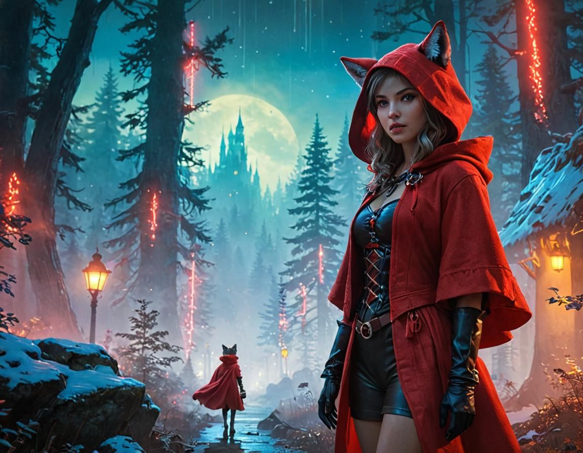 Cyber Wolf-Girl in Mystical Forest, Digital Matte Painting