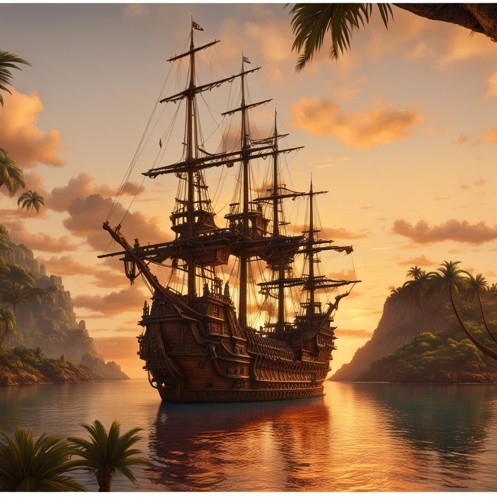Spanish Galleon Anchored at Sunset: Detailed Matte Painting