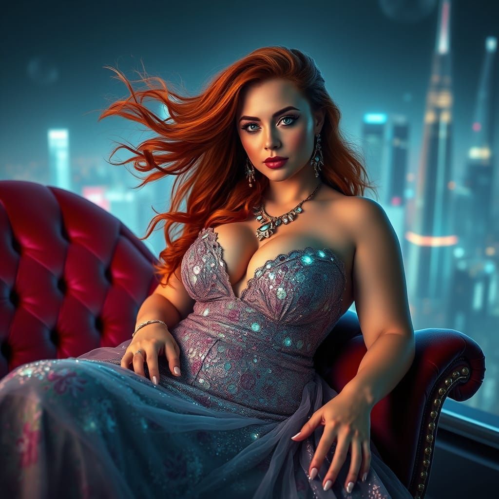 Futuristic Woman in Shimmering Gown, Digital Art