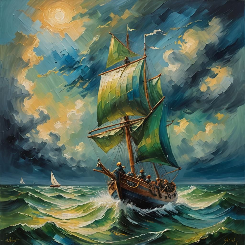 Viking Ship in Storm: Expressionist Impasto Painting