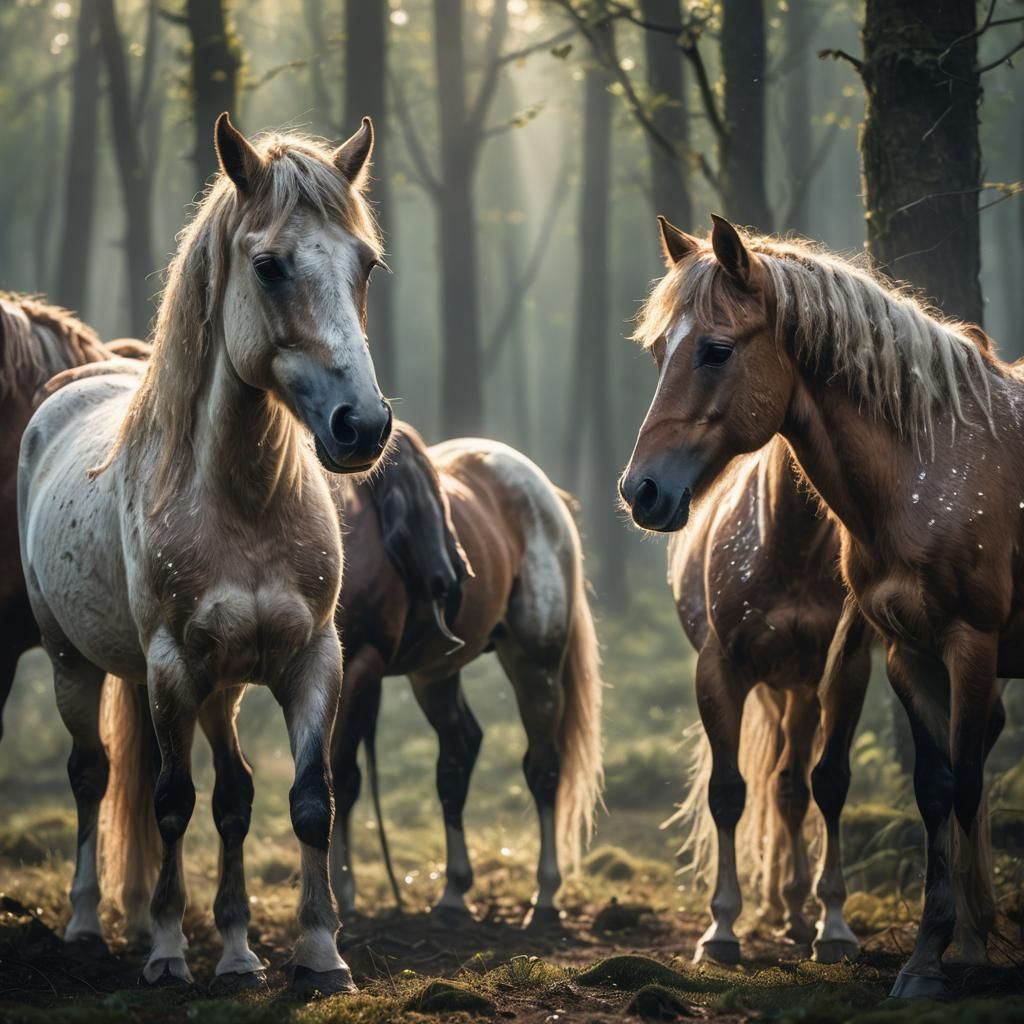 Fantasy Equine Portrait: Miniature Horses in Ethereal Forest